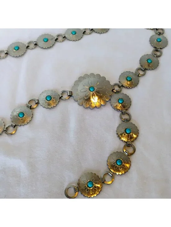 Silver Metal Concho Belt w/ Faux Turquoise Adjustable up to 37" Vintage Cowgirl - Picture 2 of 9